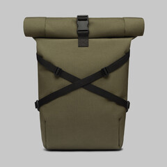 green cargo backpack rolltop with strape on white background 