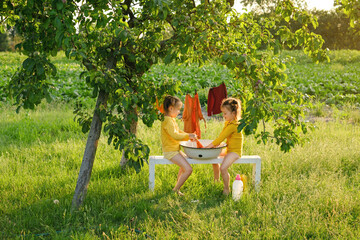 Two girls help with housework by washing their clothes in the garden under a tree in the fresh air on a hot sunny summer day. Little helpers