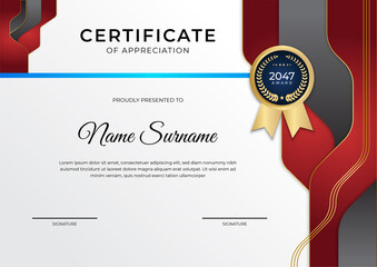 Modern business red and gold certificate of achievement template with gold badge and border
