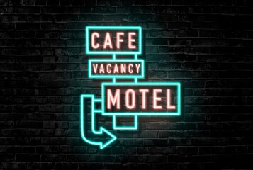 Creative concept travel illustration hotel hostel motel neon sign signboard on the brick wall.