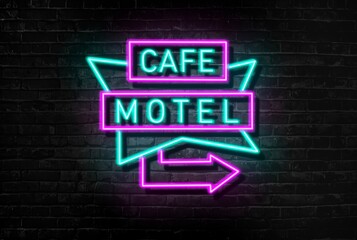 Creative concept travel illustration hotel hostel motel neon sign signboard on the brick wall.
