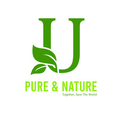 Initial U Green Letter and Leaf for Modern Beauty Nature Cosmetic, Vegan, Environmental, Nutrition Consultant Service Company Logo Idea