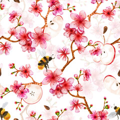 Sliced Apple Fruits with Apple Blossoms and Honey Bees Watercolor Seamless Pattern