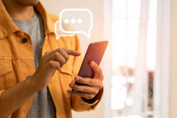 Man hand typing on mobile smartphone, Live Chat chatting on mobile app, social network