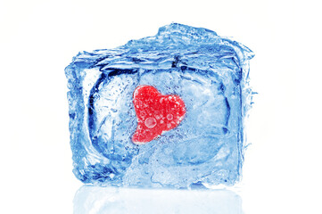 Red heart frozen inside blue ice cube on white background. Valentines day card