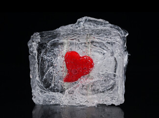 Red heart frozen inside  ice cube on black background. Valentines day card