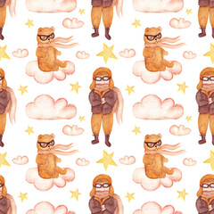 Fototapeta premium Watercolor pattern with stars, clouds, pilot and bear toy on white background. Pattern for various products for kids.