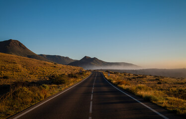 Road on Cabo de Gata Nature Park, Almeria, Spain, during sunrise