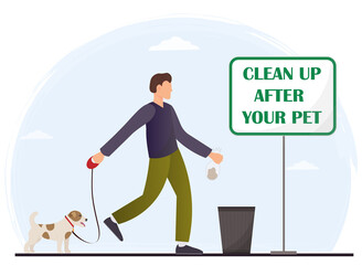 Happy young man walking with his dog, cleaning up after the pets concept, environmental protection concept, flat vector illustration