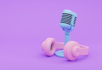 3D illustration, Retro Microphone and Headphone on purple background