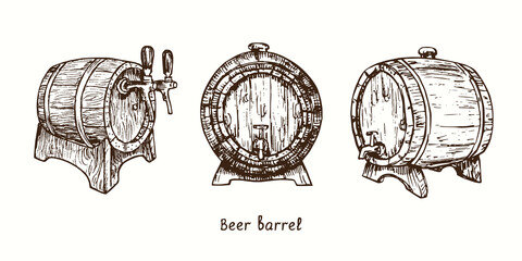 Beer barrels collection with taps. Ink black and white doodle drawing in woodcut style.