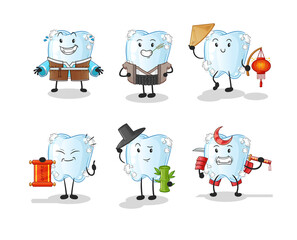 tooth with foam asian culture set . cartoon mascot vector