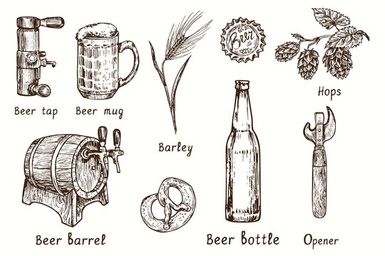 Beer collection, beer tap, dimpled mug, barrel, barley, bottle cap, hops, pretzel, bottle, can and bottle opener. Ink black and white doodle drawing in woodcut style.