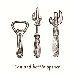 Can and bottle opener collection. Ink black and white doodle drawing in woodcut style.