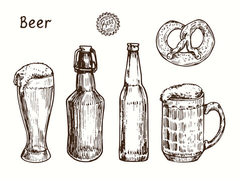 Beer collection, vintage bottle with cap, bottle, glass weizen, pretzel, dimpled mug. Ink black and white doodle drawing in woodcut style.
