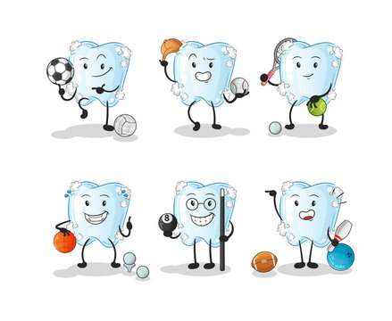 tooth with foam sport set character. cartoon mascot vector