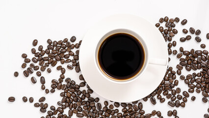 top view coffee mug with coffee beans on blackground