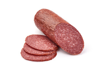 Traditional salami sausage, Isolated on white background.