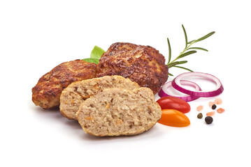 Grilled cutlets, fried meat balls, isolated on white background.