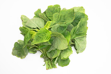 Fresh spinach leaves are on a white background
