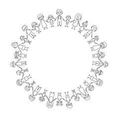 Vector simple black line art of children and adults holding hands forming a circle. Isolated on white background.