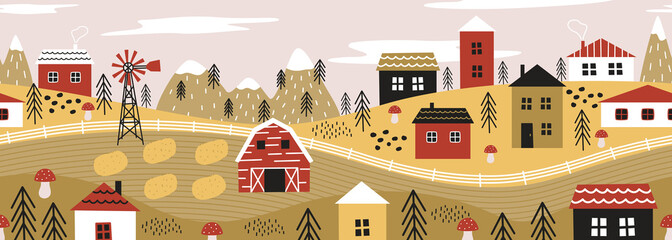 Naklejka premium Seamless vector banner with rural panoramic scene. Countryside village with farm, meadow, houses, mountains, windmill. Abstract background with scandinavian landscape
