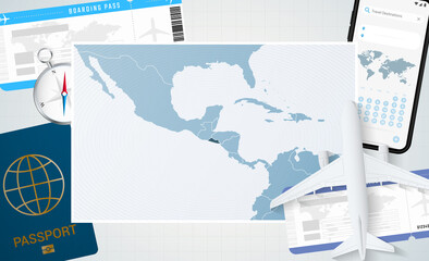 Journey to El Salvador, illustration with a map of El Salvador. Background with airplane, cell phone, passport, compass and tickets.