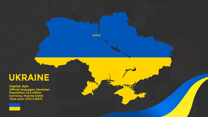 Silhouette of Ukraine in Blue and Yellow. Detailed Map, Text, Ribbon and National Emblem Isolated on Black Background. Editable Vector Illustration. Geography, Geopolitics and Infographics Elements.