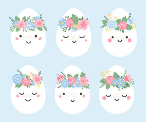 Set cute Easter eggs in pastel colors. Illustration Easter eggs characters with wreaths of flowers. Vector