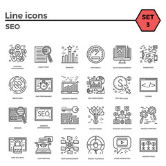 Seo Thin Line Related Icons Set on White Background. Simple Mono Linear Pictogram Pack Stroke Logo Concept for Web Graphics