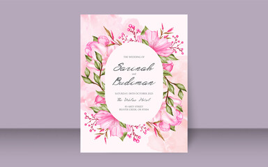 Wedding invitation card with watercolor cherry blossom flower