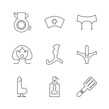 Sex shop icons. Set of Outline stroke icons on white background