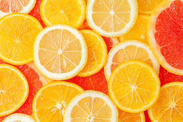 Different citrus fruits pattern. Summer background. Flat lay