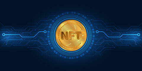 NFT nonfungible token gold coin.Blue technology background.Digital currency concept.