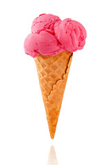Pink ice cream cone isolated on white background.