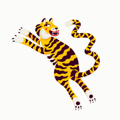 Tiger vector illustration, cartoon yellow tiger - the symbol of Chinese new year. Organic flat style vector illustration on white background.