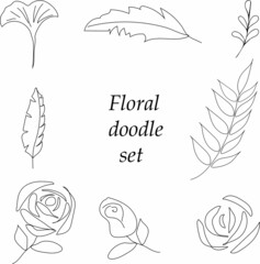 Floral doodle set with leaves, rose flower, feathers. Black lines vector design.