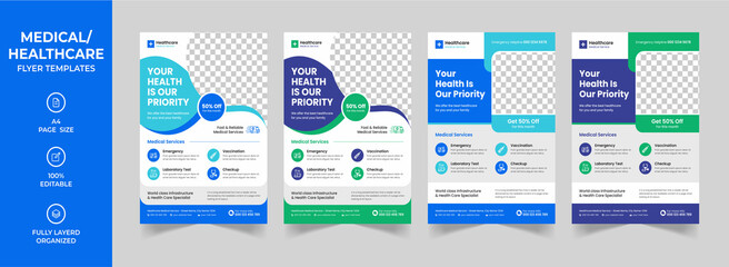 Modern medical corporate healthcare a4 flyer design or creative hospital business brochure cover template with Blue, Green Elements