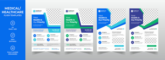 Modern medical corporate healthcare a4 flyer design or creative hospital business brochure cover template with Blue, Green Elements