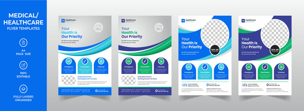 Modern medical corporate healthcare a4 flyer design or creative hospital business brochure cover template with Blue, Green Elements