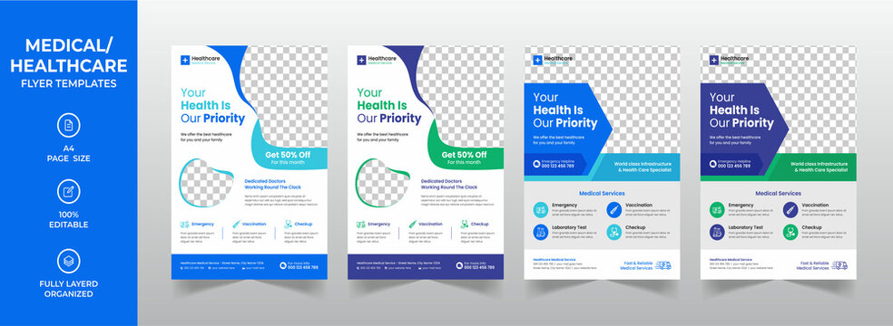Modern medical corporate healthcare a4 flyer design or creative hospital business brochure cover template with Blue, Green Elements