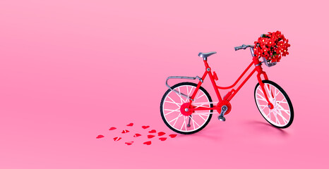 Minimalistic valentine's day card, bike with flowers. Banner size