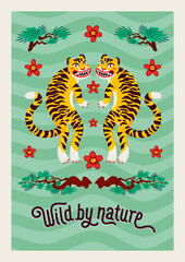 Asian Tiger symmetrical composition, vector tigers, and japanese pine branches and flowers in cartoon asian style. Organic flat style vector illustration.