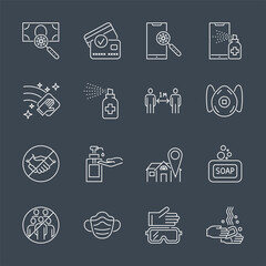 Coronavirus protection related thin line icons set. Isolated on a white background