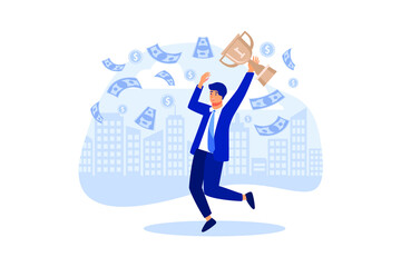 Happy business man jumping under money rain with Golden Trophy Cup. flat Vector illustration