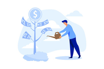 A businessman is watering a money tree flat vector modern illustration 
