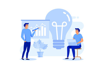 Light bulb and company staff working in office. Idea, planning, analysis concept, presentation slide template. Can be used for topics like business, management, marketing
