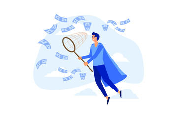 Businessman trying to catch flying money with a butterfly net. Happy running entrepreneur man using business opportunity to scoop some dollar bills. modern flat vector illustration  - obrazy, fototapety, plakaty