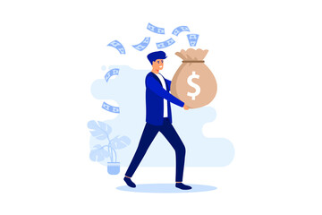 smiley businessman carrying full money bag, banknotes flying around flat vector illustration