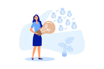 Businesswoman with powerful light bulb glow to money, flat vector illustration 